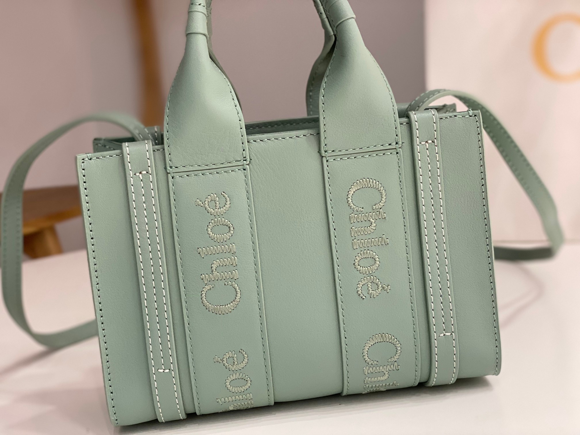 Chloe Mini Woody Tote Bag In Blue Mist Soft Smooth Calfskin Leather